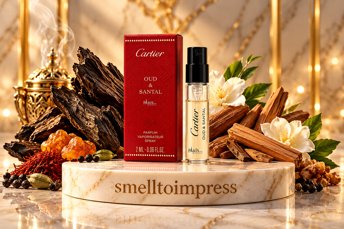 Cartier Les Heures Voyageuses Oud and Santal 1.5 mL 0.05 fl. oz. 공식 향수 샘플 향수 테스터 이미지
