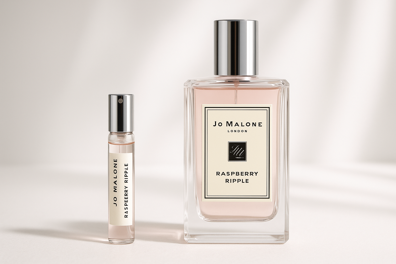 Jo Malone Raspberry Ripple 2ml 향수 샘플과 100ml Jo Malone Raspberry Ripple 향수 병 옆에 서 있는 모습