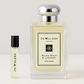 Jo Malone Silver Birch & Lavender Cologne 향수 샘플, 100ml 정품 Jo Malone Silver Birch & Lavender Cologne 향수 병 옆에 있는 6ml 향수 샘플