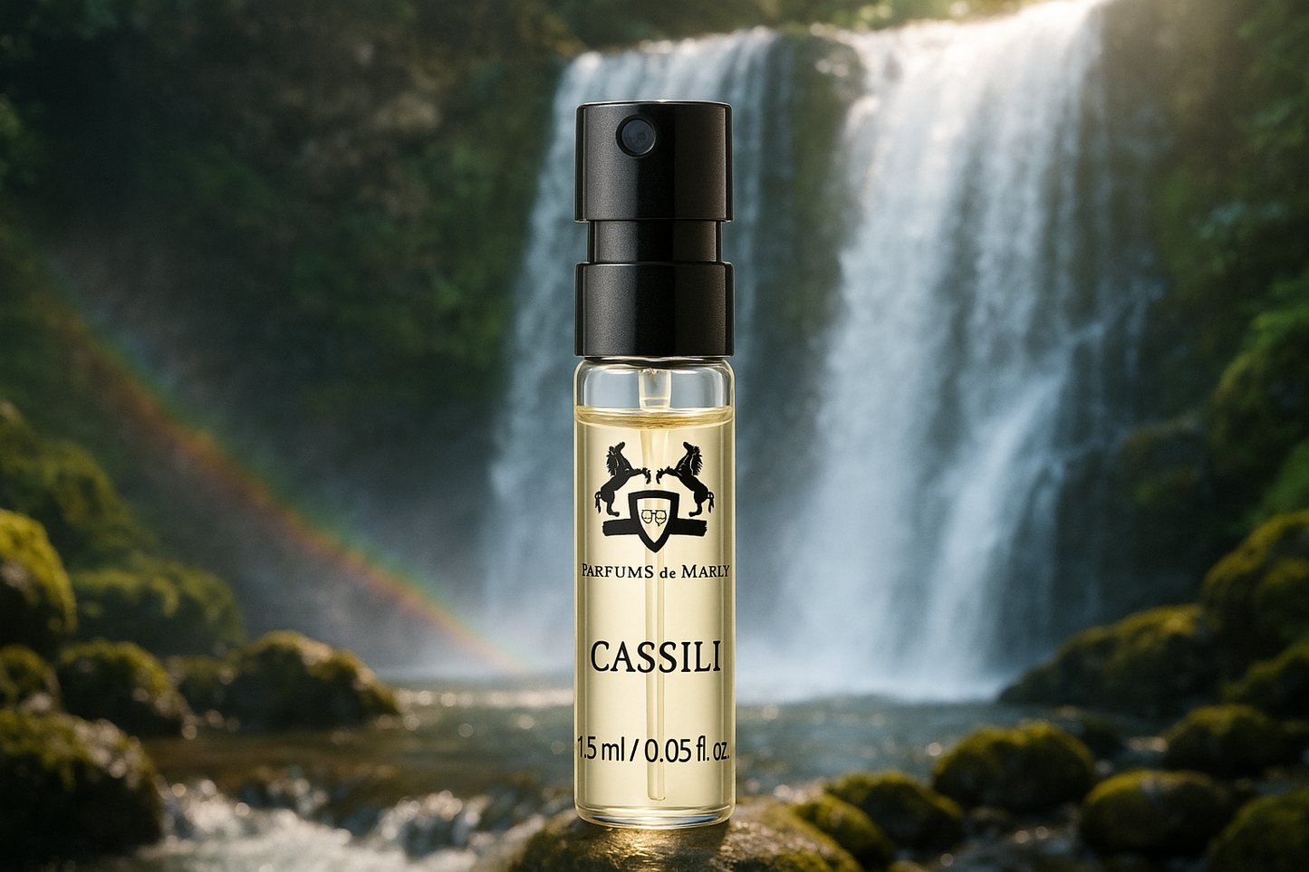 Parfums de Marly Cassili 공식 향수 샘플 1.5ml 0.05 fl.o.z 향수 테스터, 배경에 폭포