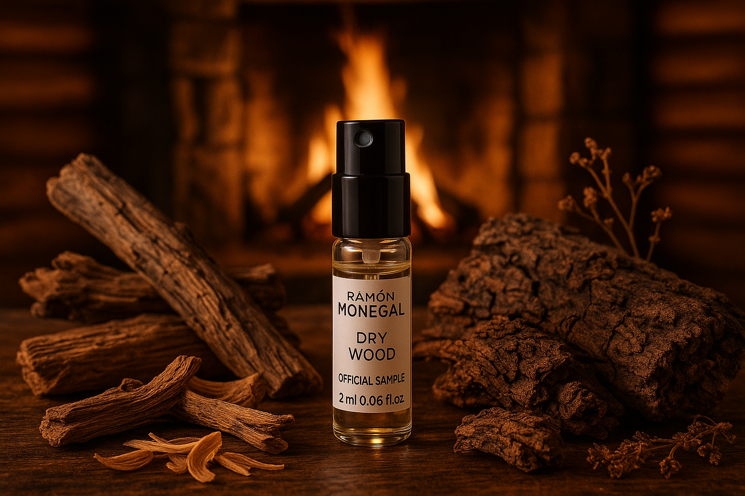 Ramon Monegal Dry Wood 공식 향수 샘플 2ml 0.06 fl.o.z. 향수 테스터, 배경은 산장의 벽난로, 샘플은 Dry Wood 향수 노트로 둘러싸여 있습니다.