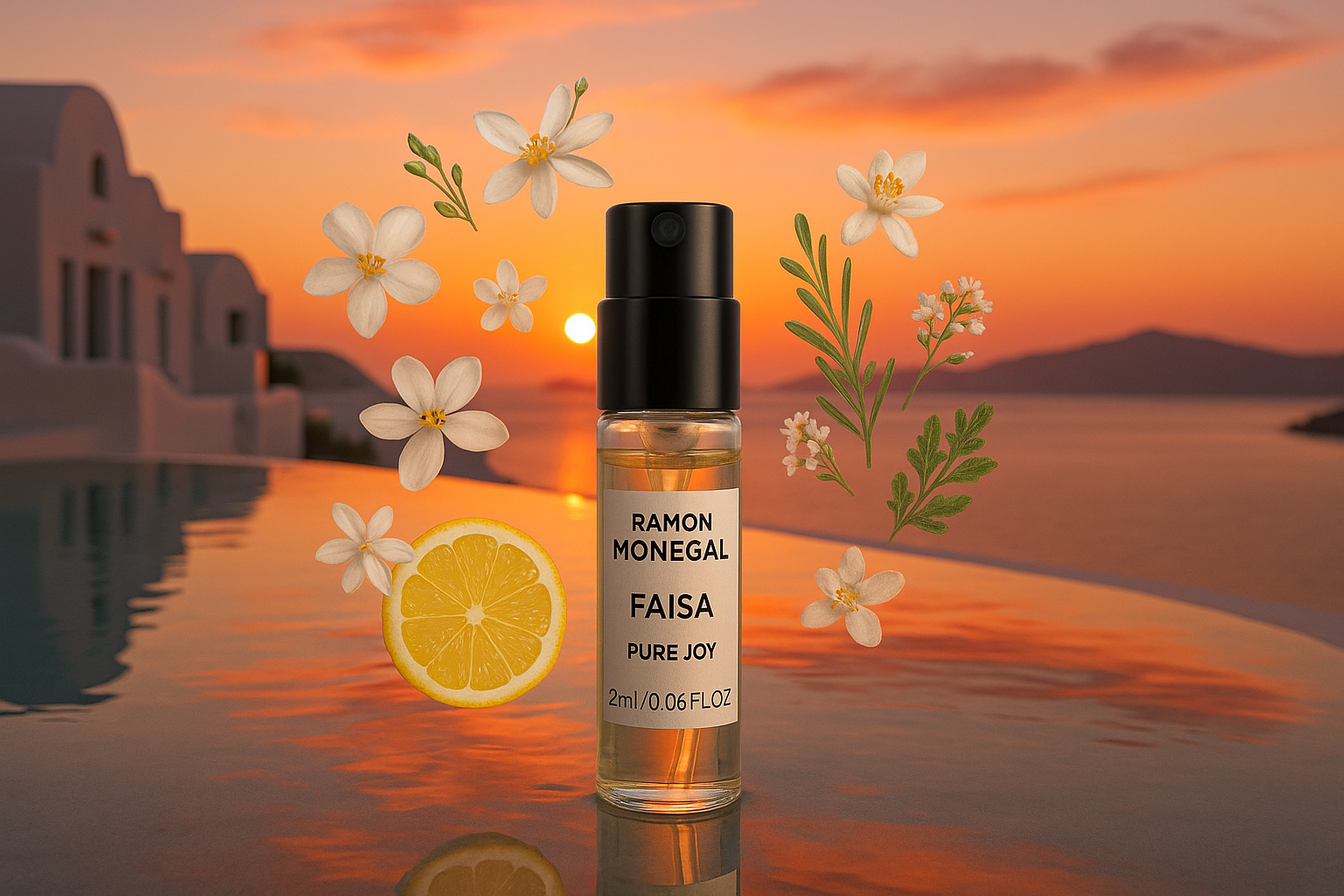 Ramon Monegal Faisa Pure Joy 공식 향수 샘플 2ml 0.06 fl.o.z. 향수 테스터, 배경은 산토리니 수영장의 일몰, 샘플은 Faisa Pure Joy 향수 노트로 둘러싸여 있습니다.